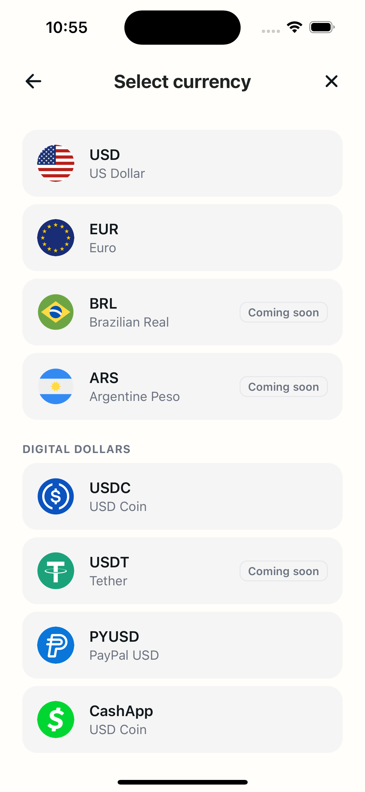 CacaoCash Select currency screen with the CashApp option under Digital Dollars