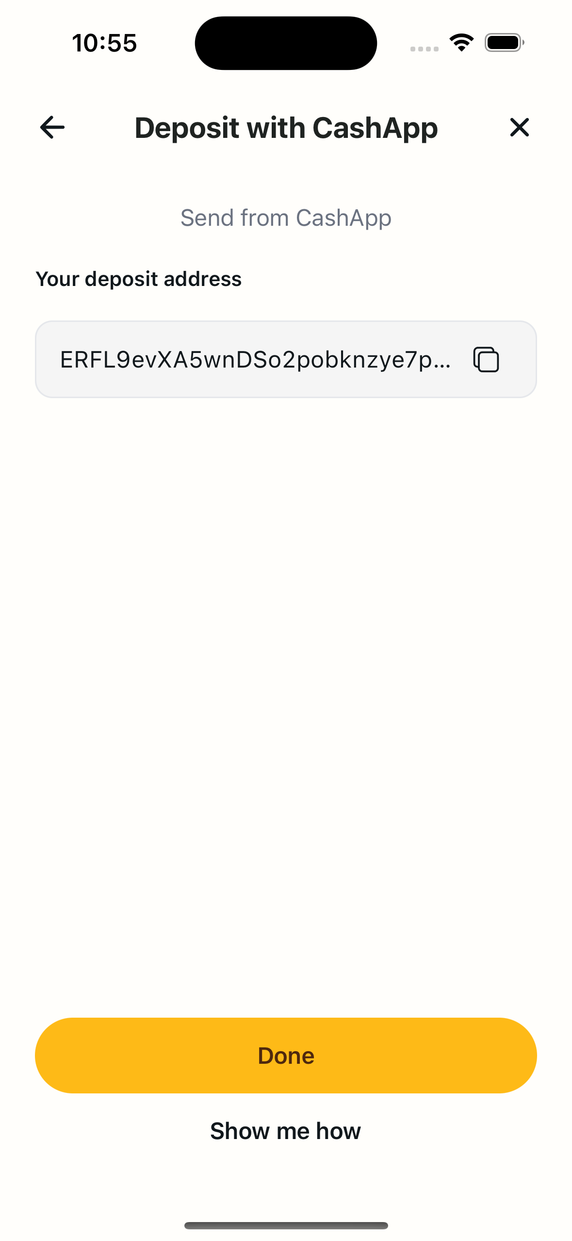 CacaoCash Deposit with CashApp screen showing the Solana deposit address and a copy button