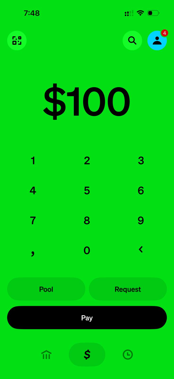Cash App keypad showing a $100 amount with the Pay button