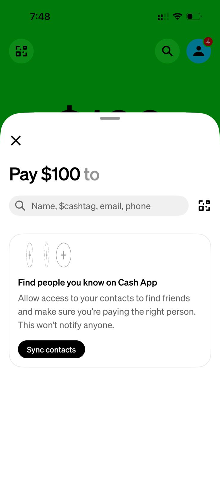 Cash App Pay to screen with the recipient search field