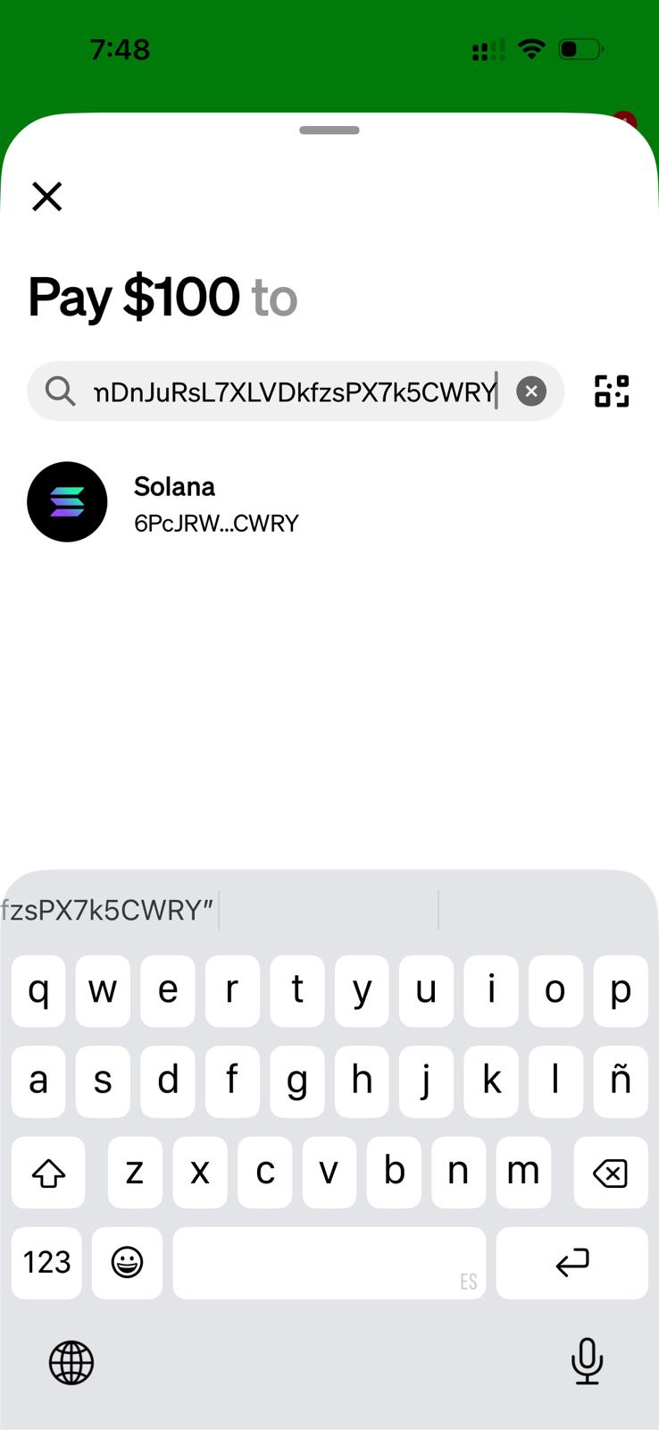 Cash App showing the pasted Solana address and a Solana recipient result