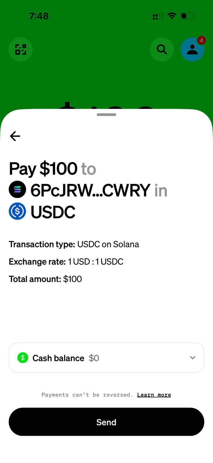Cash App confirmation screen showing Transaction type USDC on Solana, exchange rate 1 USD to 1 USDC, and the Send button