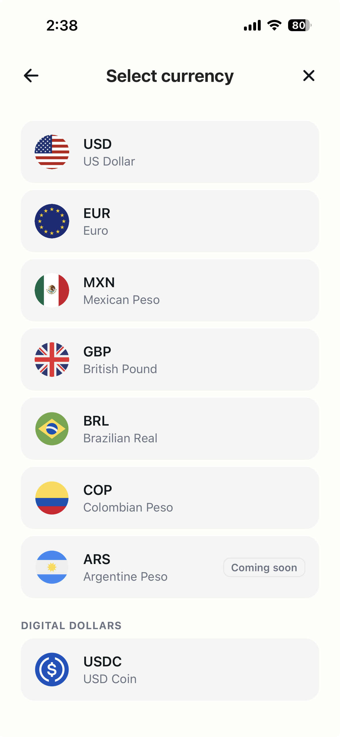 CacaoCash Select currency screen listing USD, EUR, MXN, GBP, BRL, COP and ARS