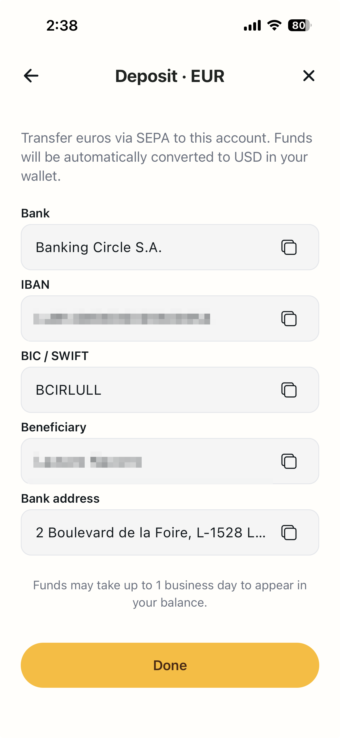 CacaoCash Deposit EUR screen showing bank, IBAN, BIC, beneficiary and bank address fields with copy buttons