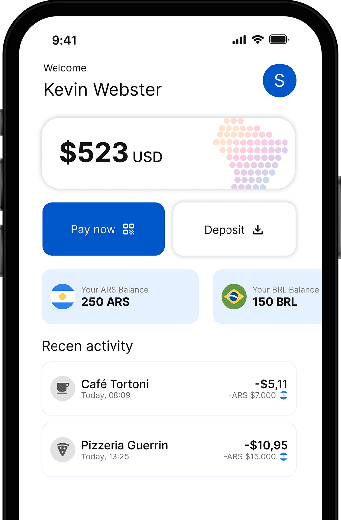 Vista inclinada de la app León mostrando saldo en dólares en un iPhone