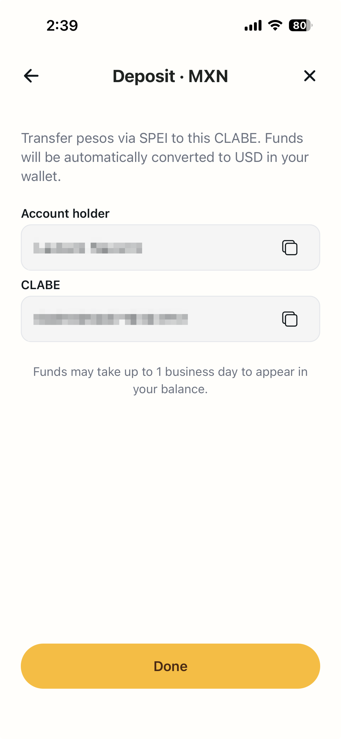 CacaoCash Deposit MXN screen showing the account holder and CLABE fields with copy buttons