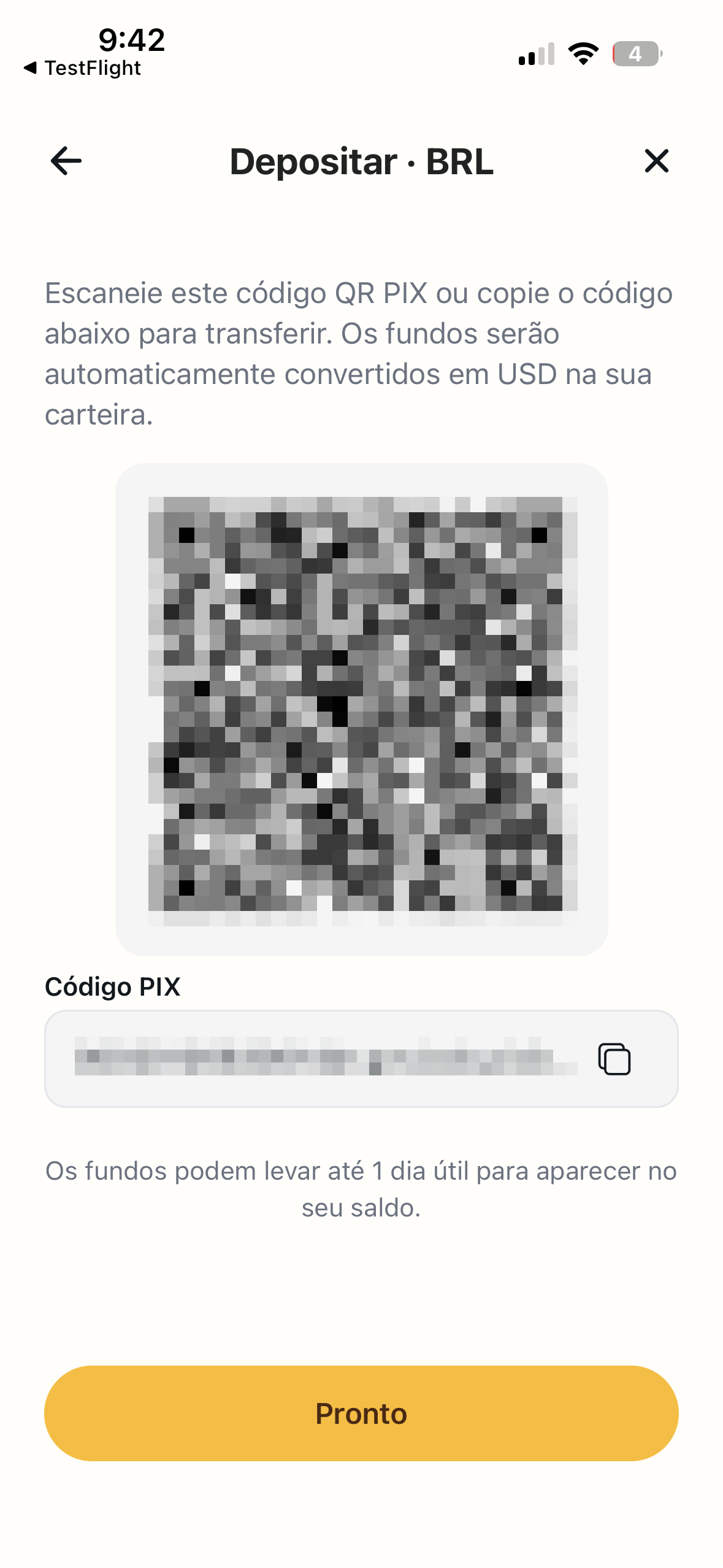 CacaoCash Deposit BRL screen showing a Pix QR code, the PIX code field with a copy button and the Done button