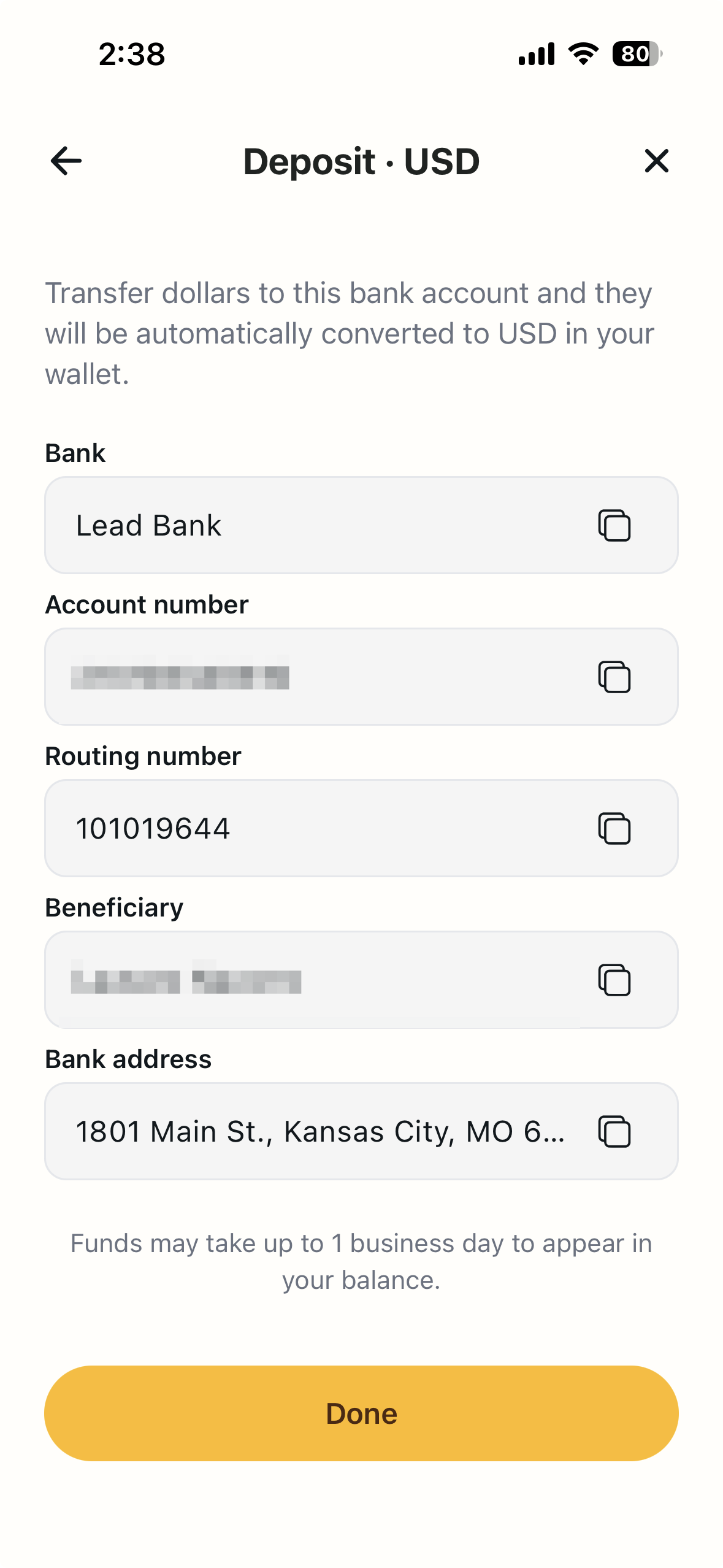 CacaoCash Deposit USD screen showing bank, account number, routing number, beneficiary and bank address fields with copy buttons