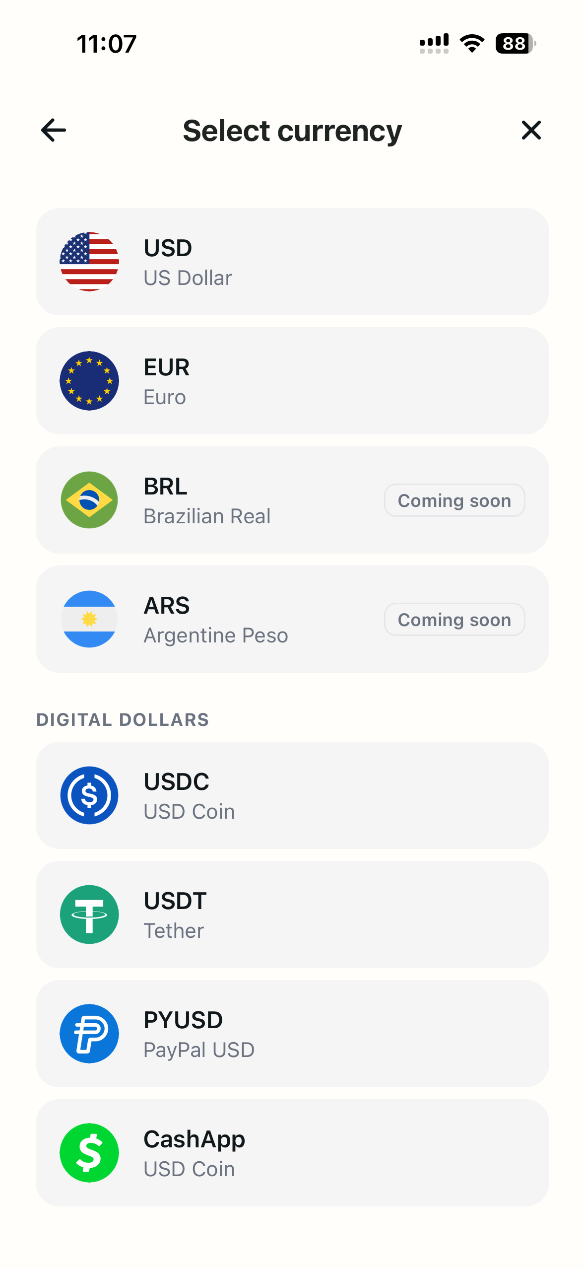 CacaoCash Select currency screen with the PYUSD option under Digital Dollars