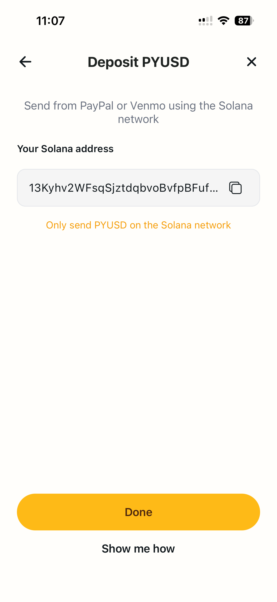 CacaoCash Deposit PYUSD screen showing the Solana deposit address and a copy button