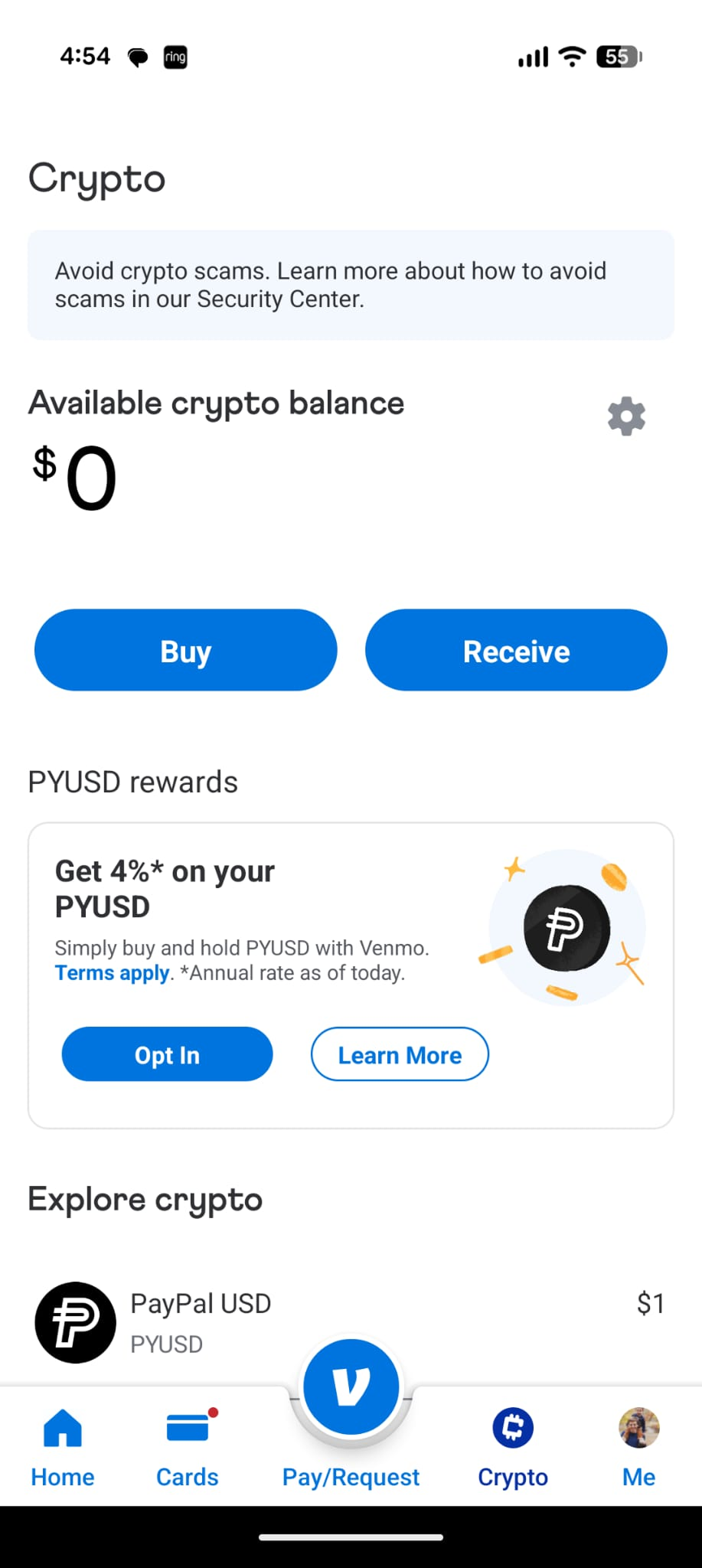 Venmo Crypto screen showing the crypto balance with Buy and Receive buttons