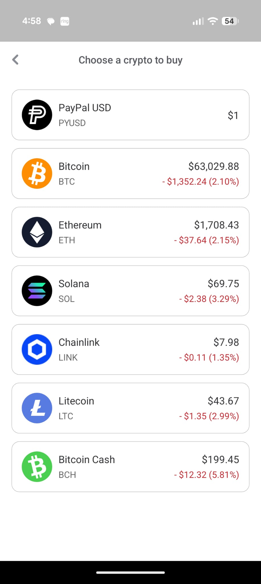 Venmo Choose a crypto to buy list with PayPal USD (PYUSD) at the top