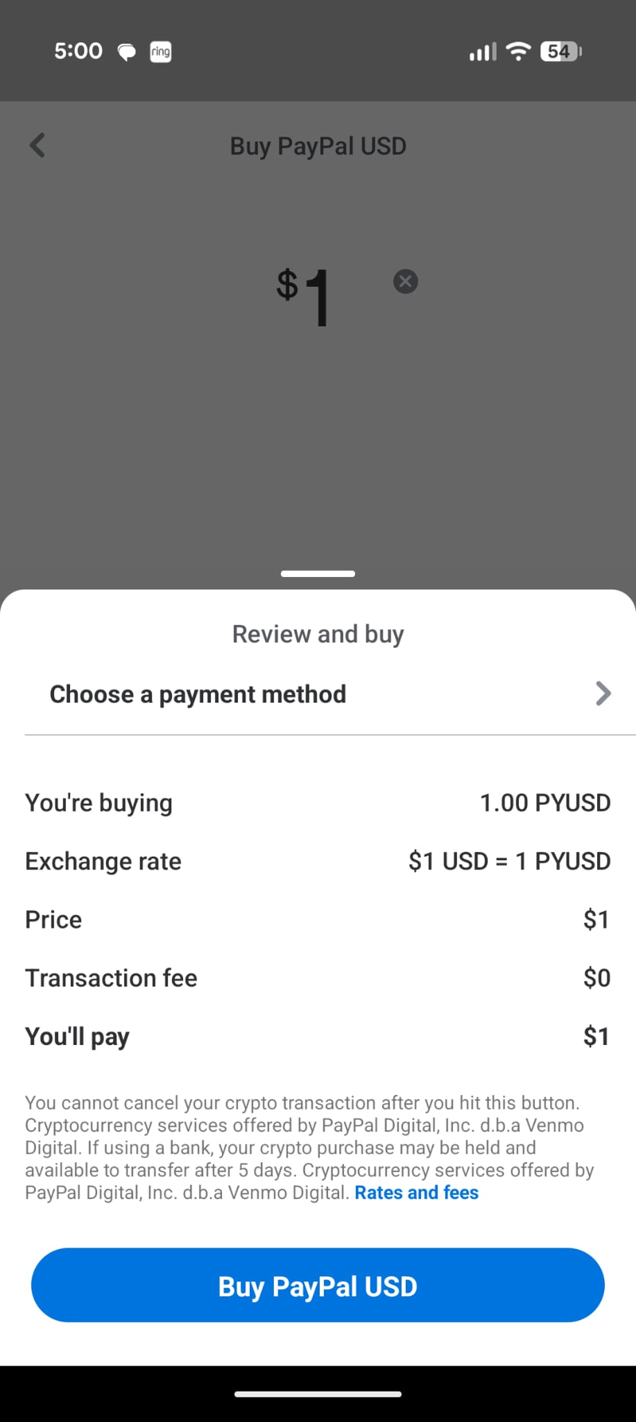 Venmo Buy PayPal USD review screen showing the 1 USD to 1 PYUSD exchange rate and the Buy button