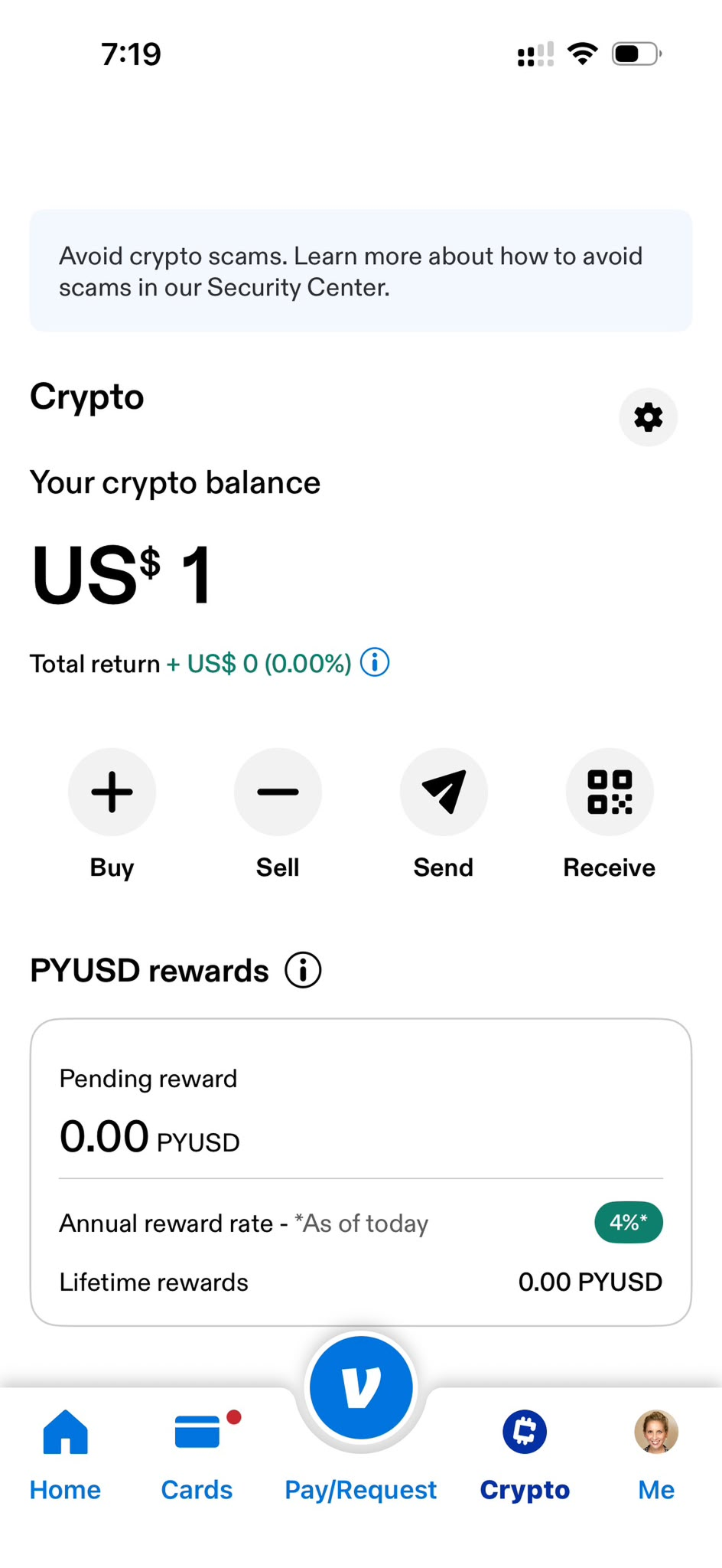 Venmo Crypto screen showing a PYUSD balance with Buy, Sell, Send, and Receive buttons