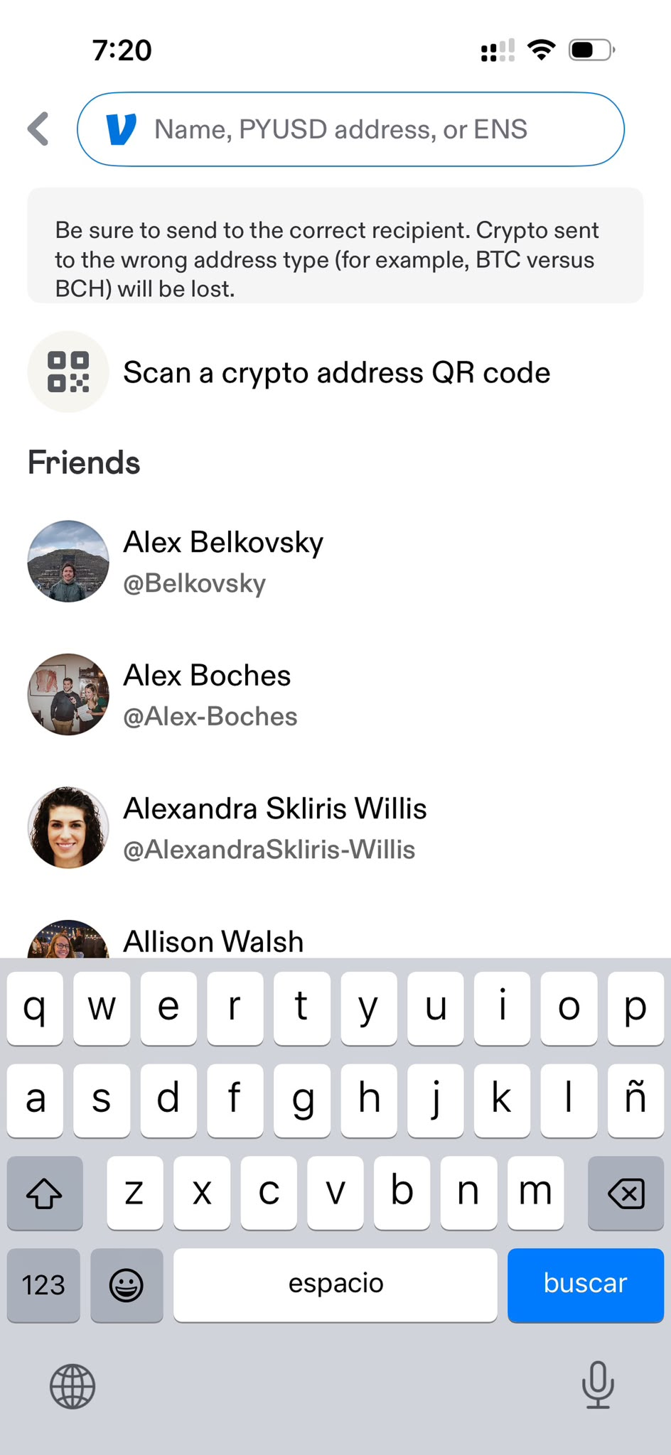 Venmo send screen with a search field for name, PYUSD address, or ENS