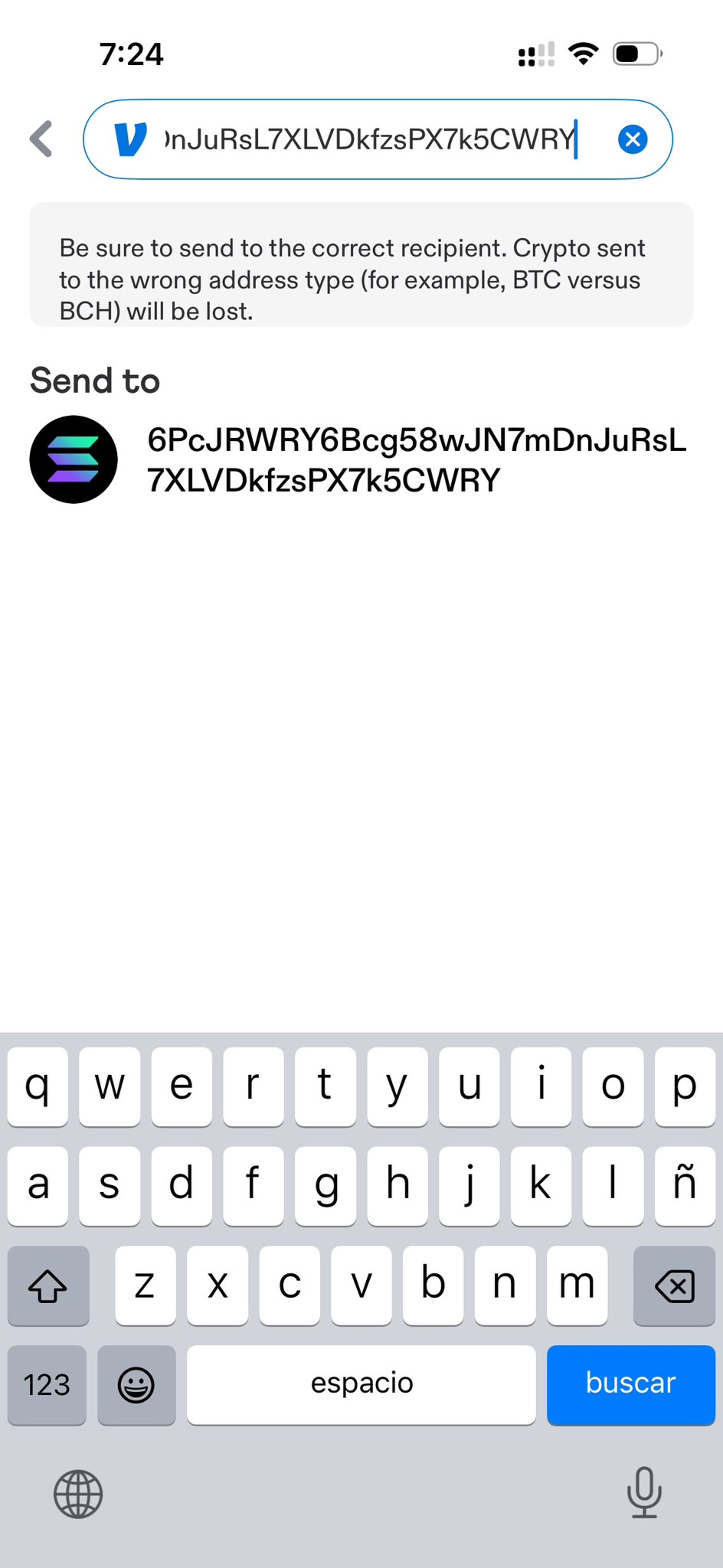 Venmo Send to screen showing the pasted Solana address with the Solana logo